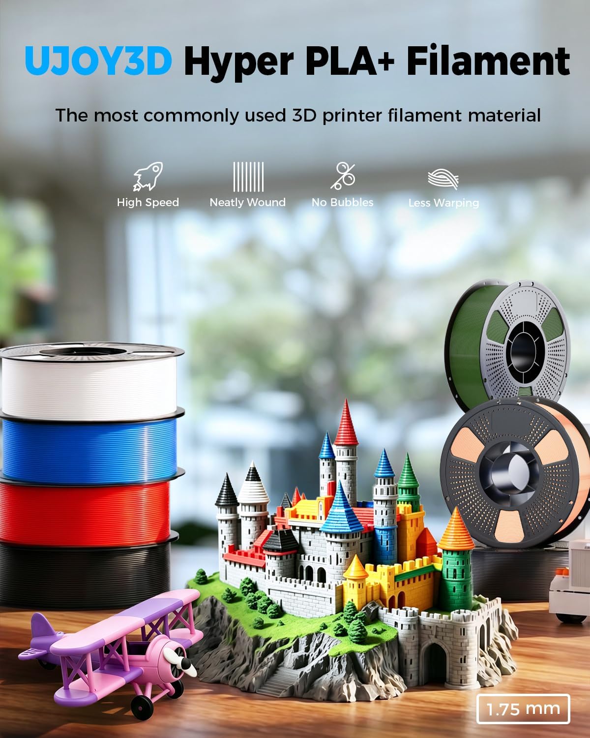 UJOY3D Paquete de filamento Hyper PLA+ de 8.8 lbs de 0.07 in, PLA+...