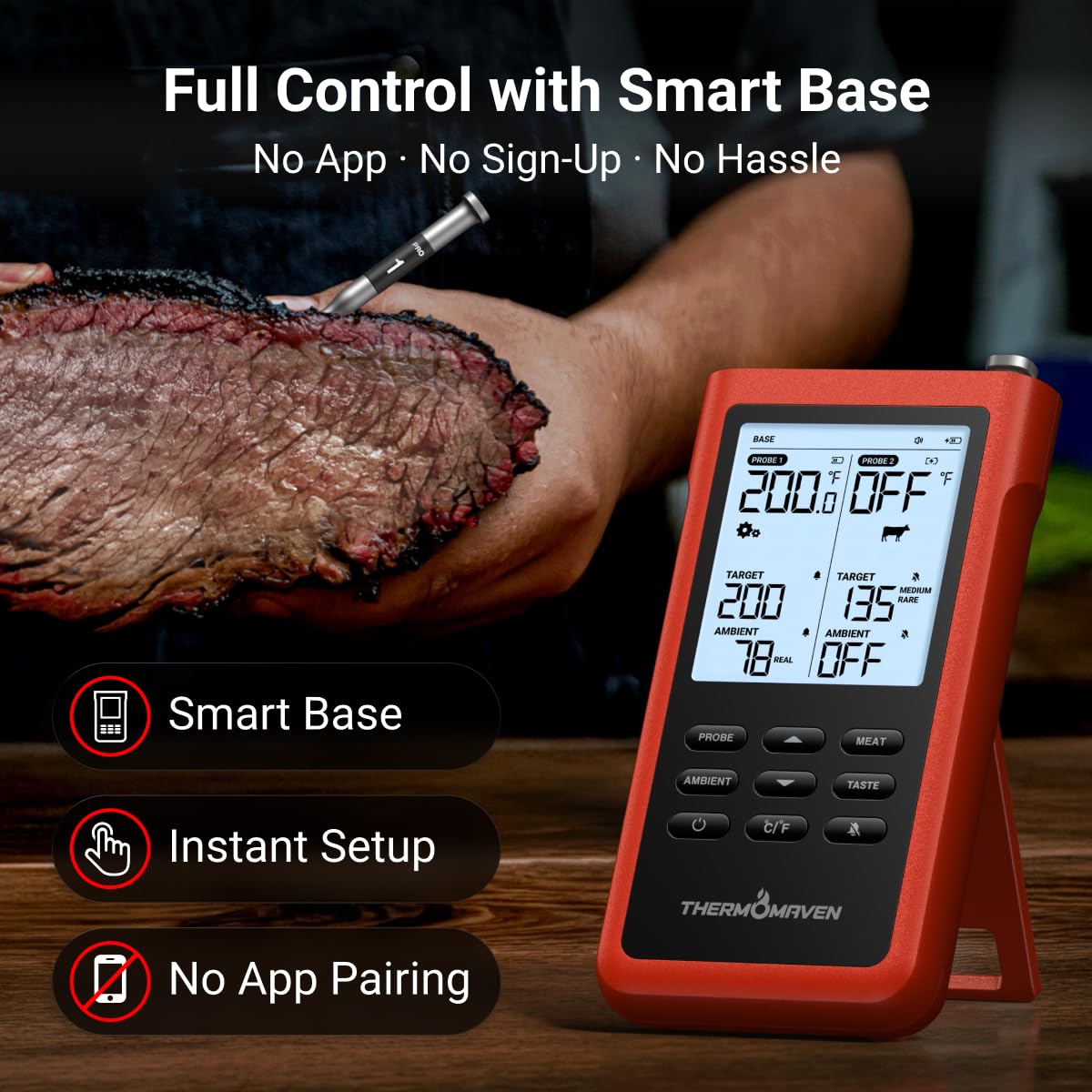 Termómetro inalámbrico para carne ThermoMaven de 3000 pies, no nece...