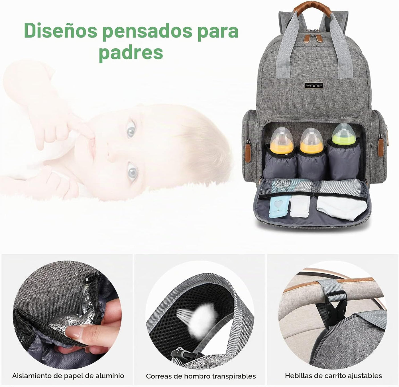 WITSTEP Mochila para pañales con cambiador, organizador de bolsas d...