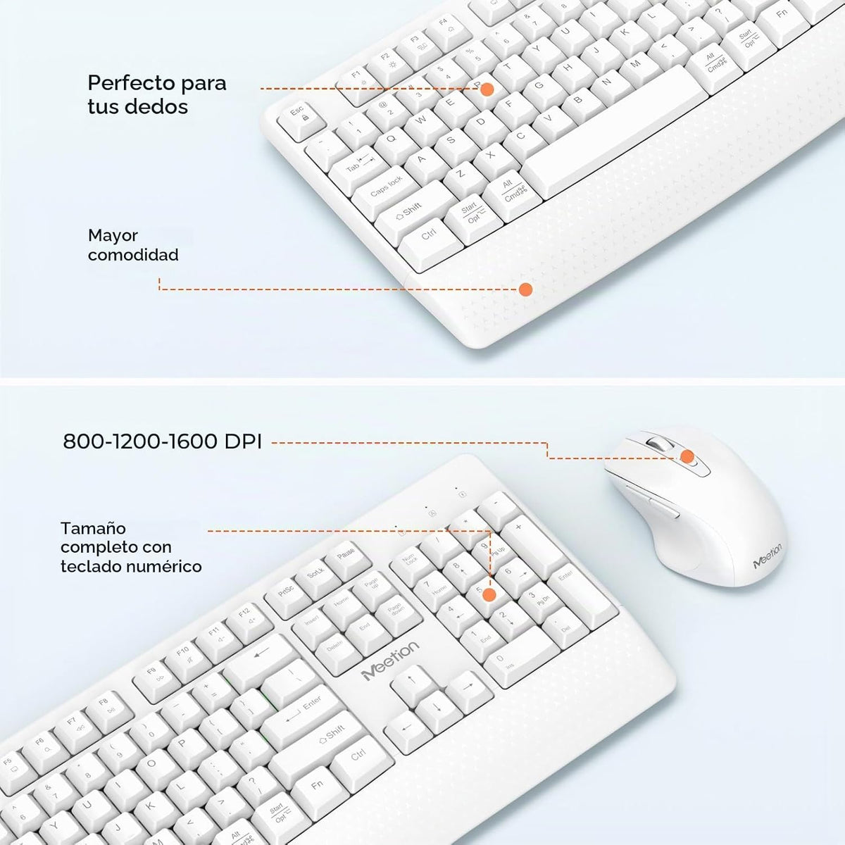 MEETION Teclado y ratón inalámbricos blancos, receptor USB 2.4G plu...