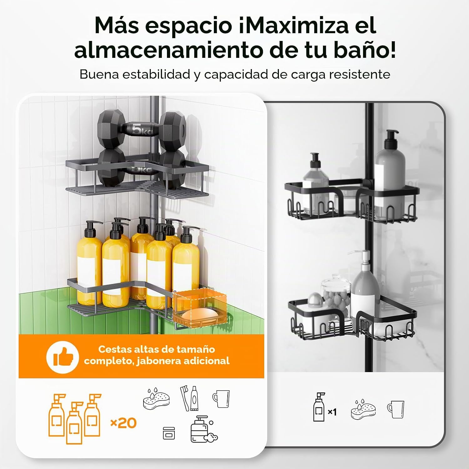 HAMITOR Poste de tensión esquinero para ducha: estante organizador...