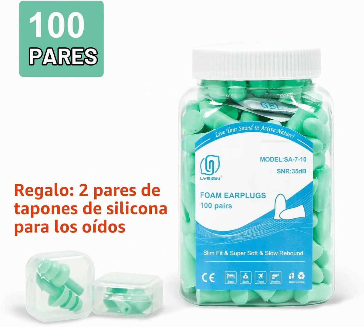 LYSIAN - Tapones para los oídos de espuma delgada SNR de 35 dB, can...