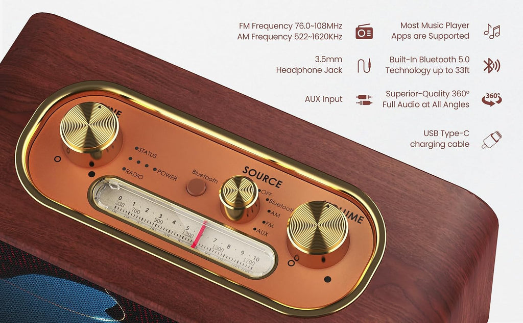 Altavoz Bluetooth retro con radio AM\/FM, portátil, inalámbrico | A...
