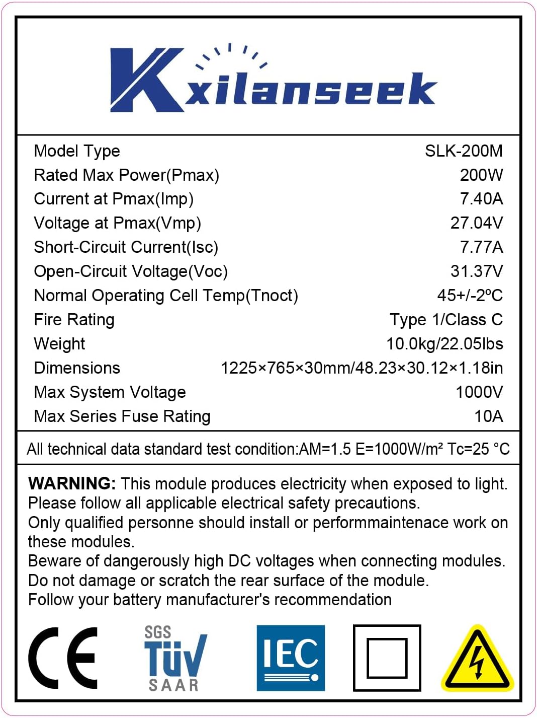 Xilanseek Panel solar bifacial de 200 W, kit de panel solar monocri...