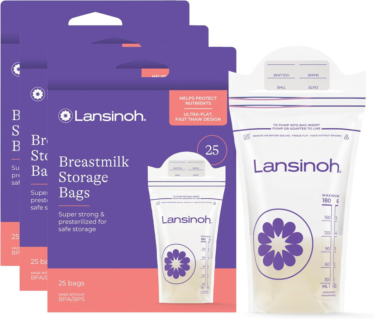 Lansinoh Bolsas de almacenamiento de leche materna, 6 onzas, 75 uni...