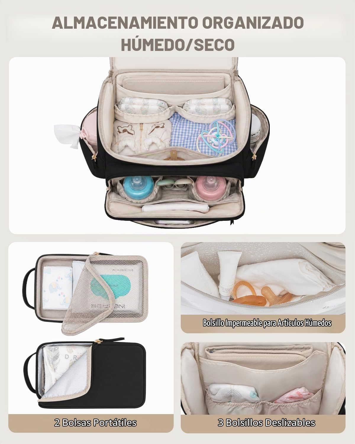 KABAQOO Mochila para pañales con cambiador y bolsillos aislados, Ne...