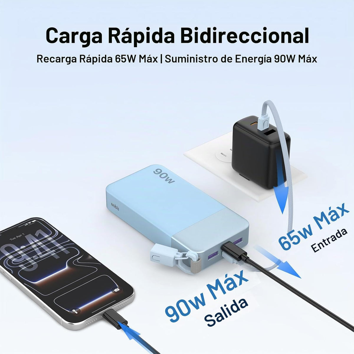 Cargador portátil NOBIS 20000mAh 90W Power Bank con cable desmontab...