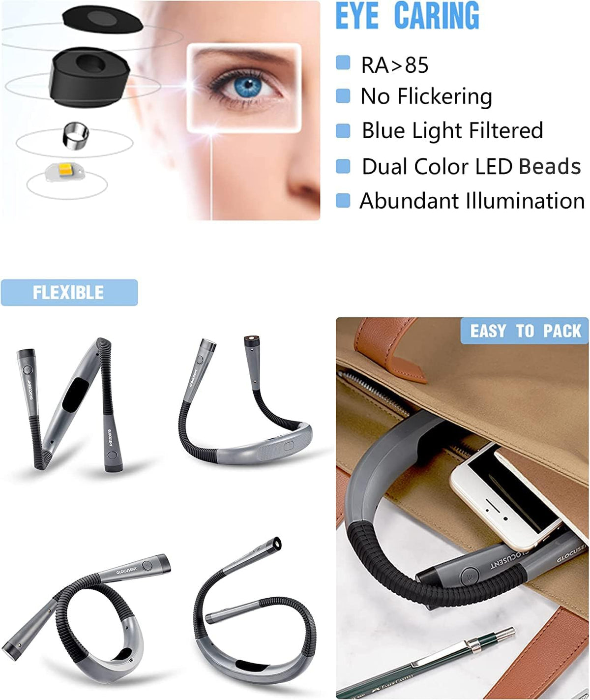 Glocusent Luz de libro, luz de cuello flexible, luz de libro para l...