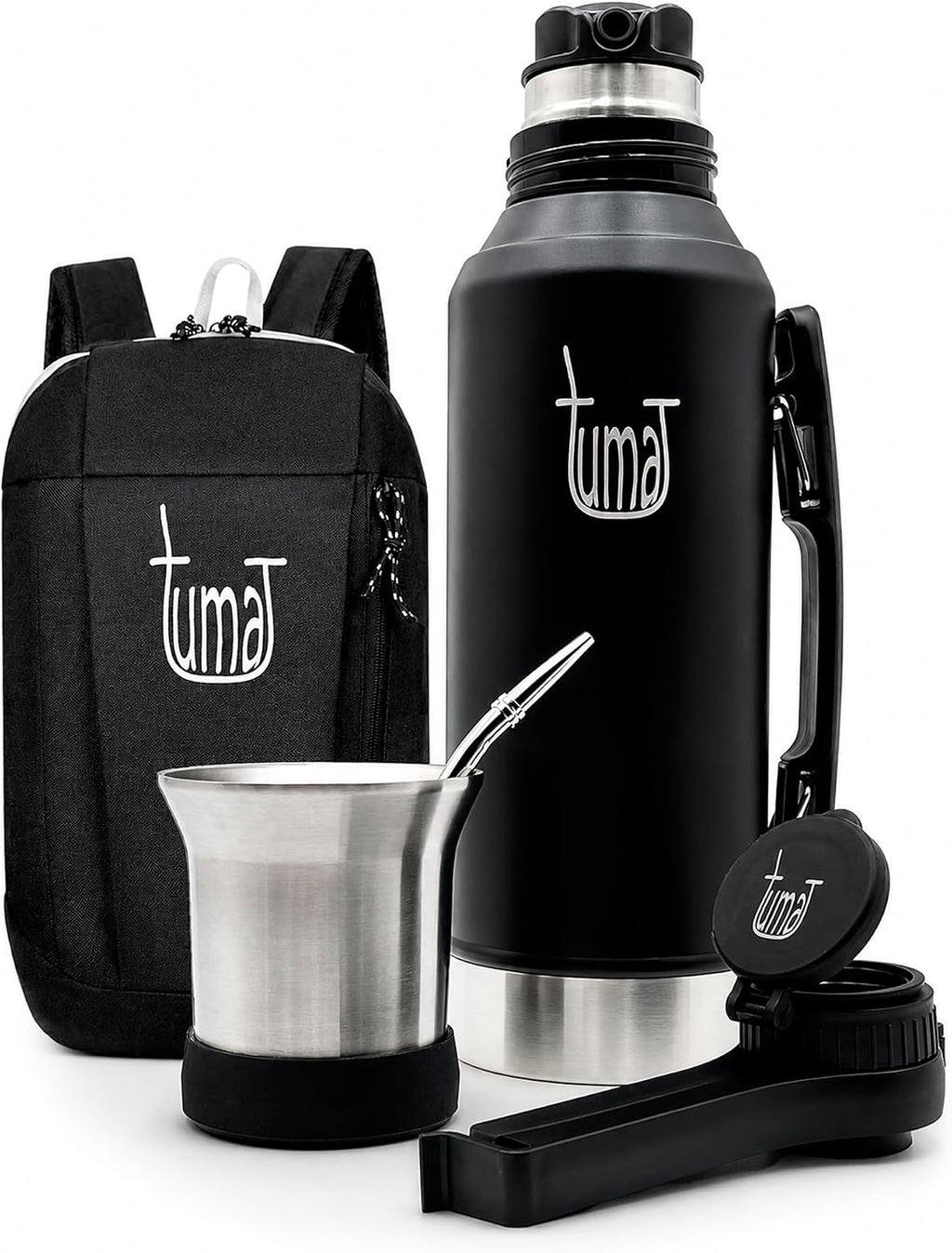 Kit completo de Yerba Mate – Termo de 1.2L con sistema mate, taza, boquilla de clip, pajita (Bombilla) y mochila gratis, juego de acero inoxidable de primera calidad para llevar