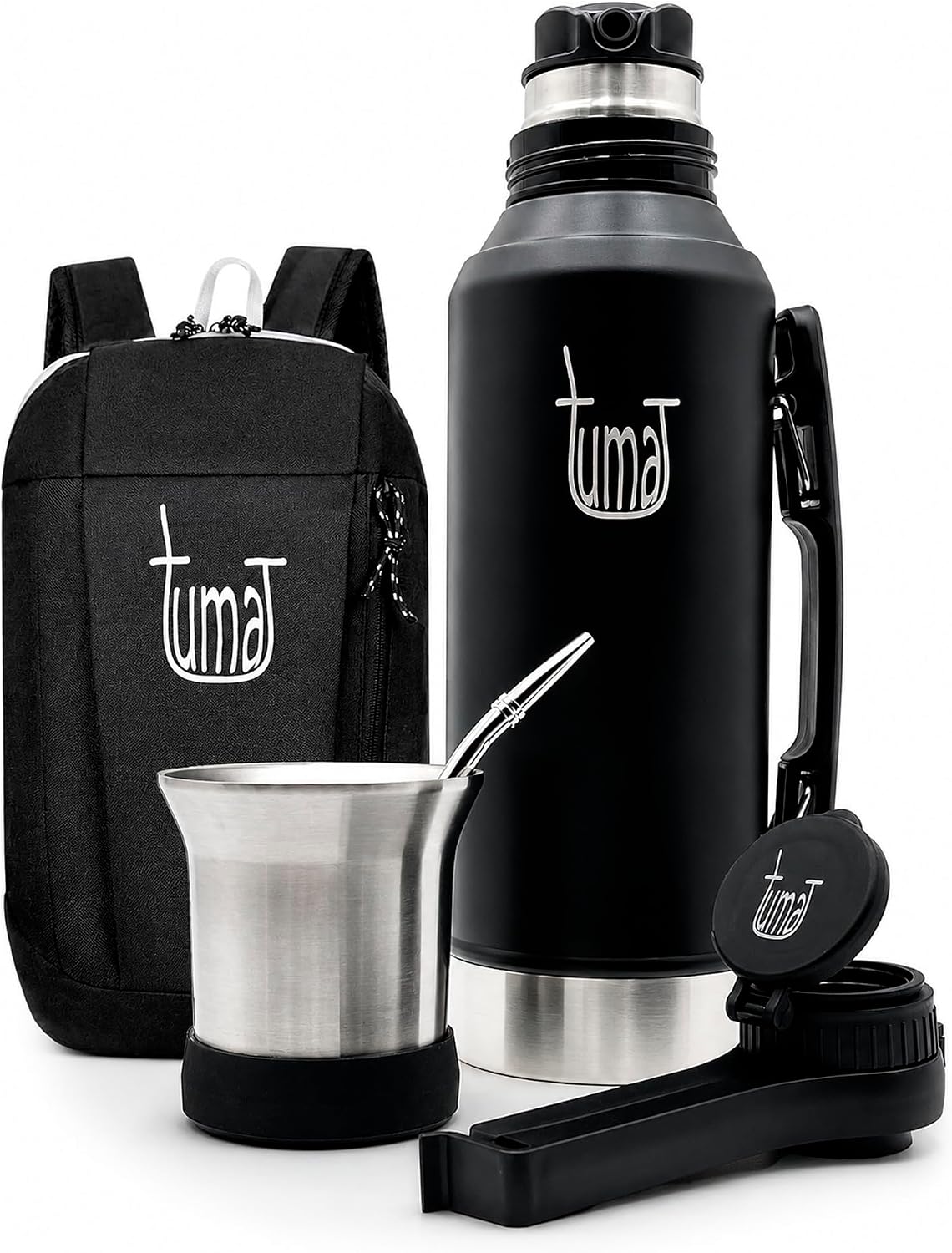Kit completo de Yerba Mate – Termo de 1.2L con sistema mate, taza, boquilla de clip, pajita (Bombilla) y mochila gratis, juego de acero inoxidable de primera calidad para llevar
