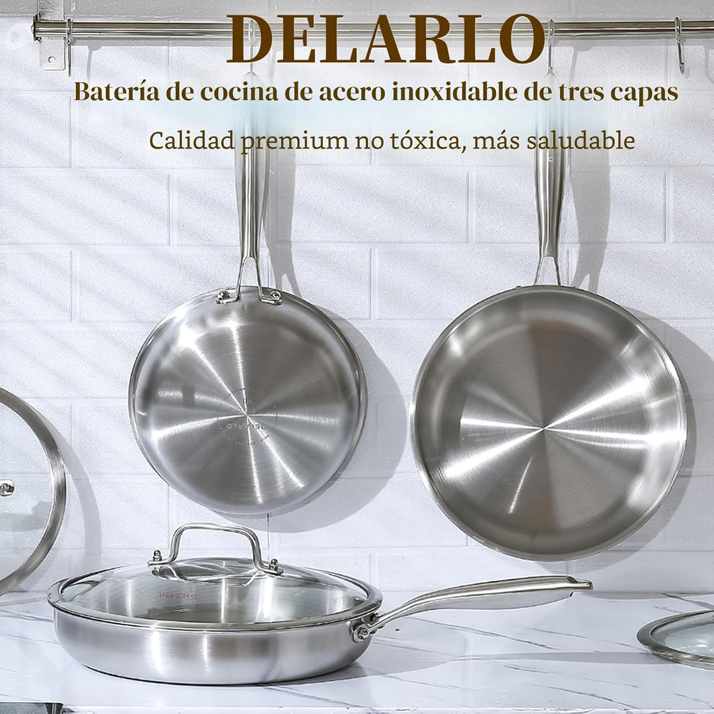 DELARLO Sartén de inducción de acero inoxidable tricapa de cuerpo e...