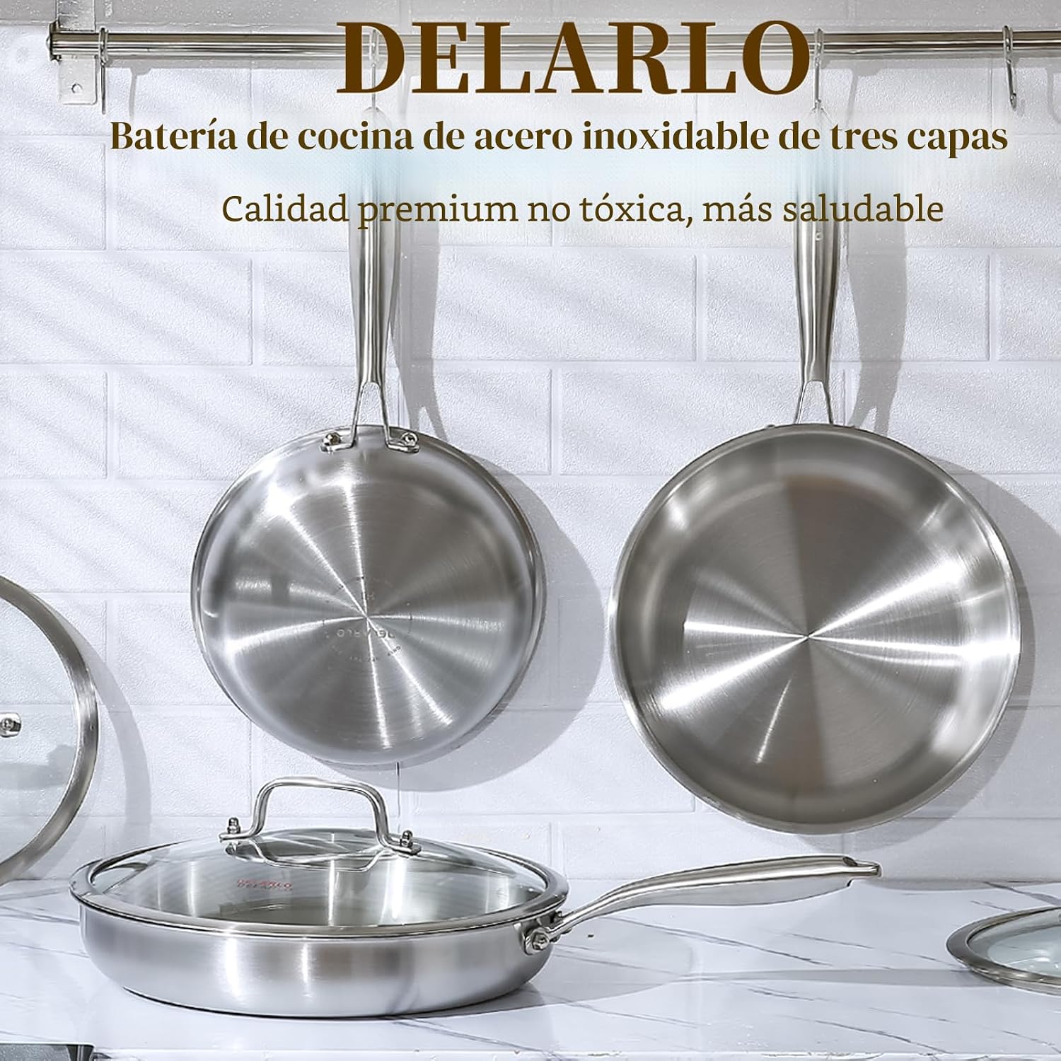 DELARLO Sartén de inducción de acero inoxidable tricapa de cuerpo e...