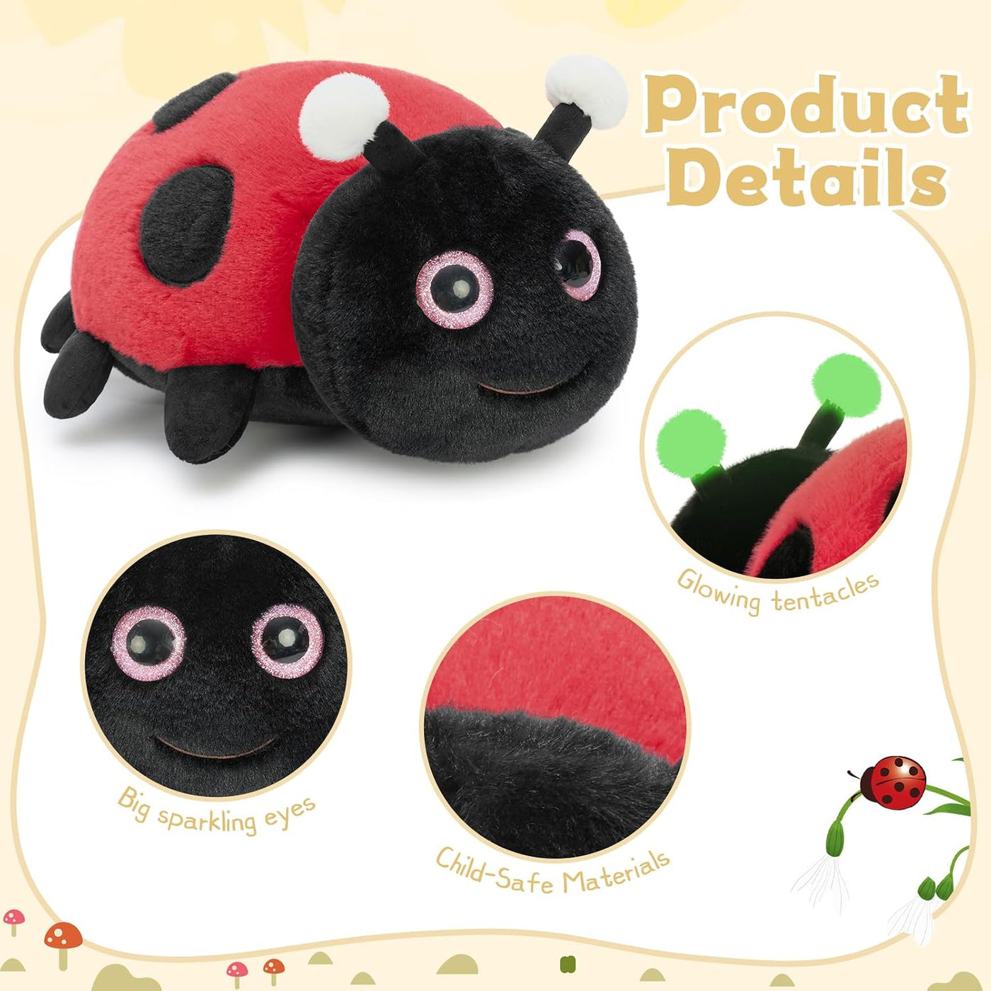 MaoGoLan Almohada de felpa de mariquita de 16 pulgadas con antenas...