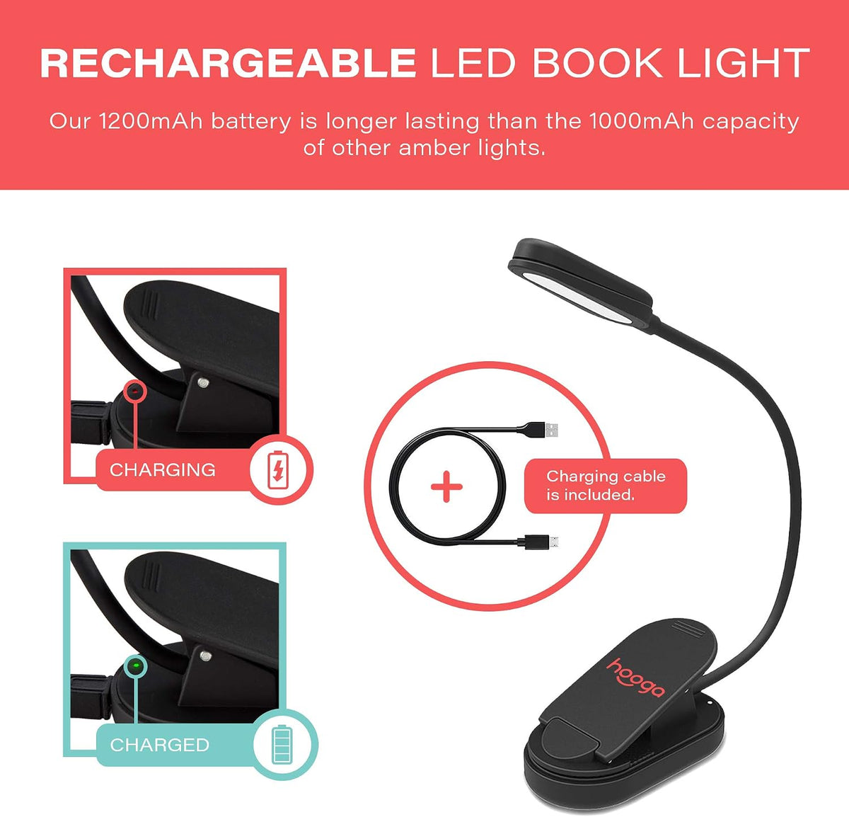 hooga Luz de libro ámbar, luz de lectura LED recargable con bloqueo...