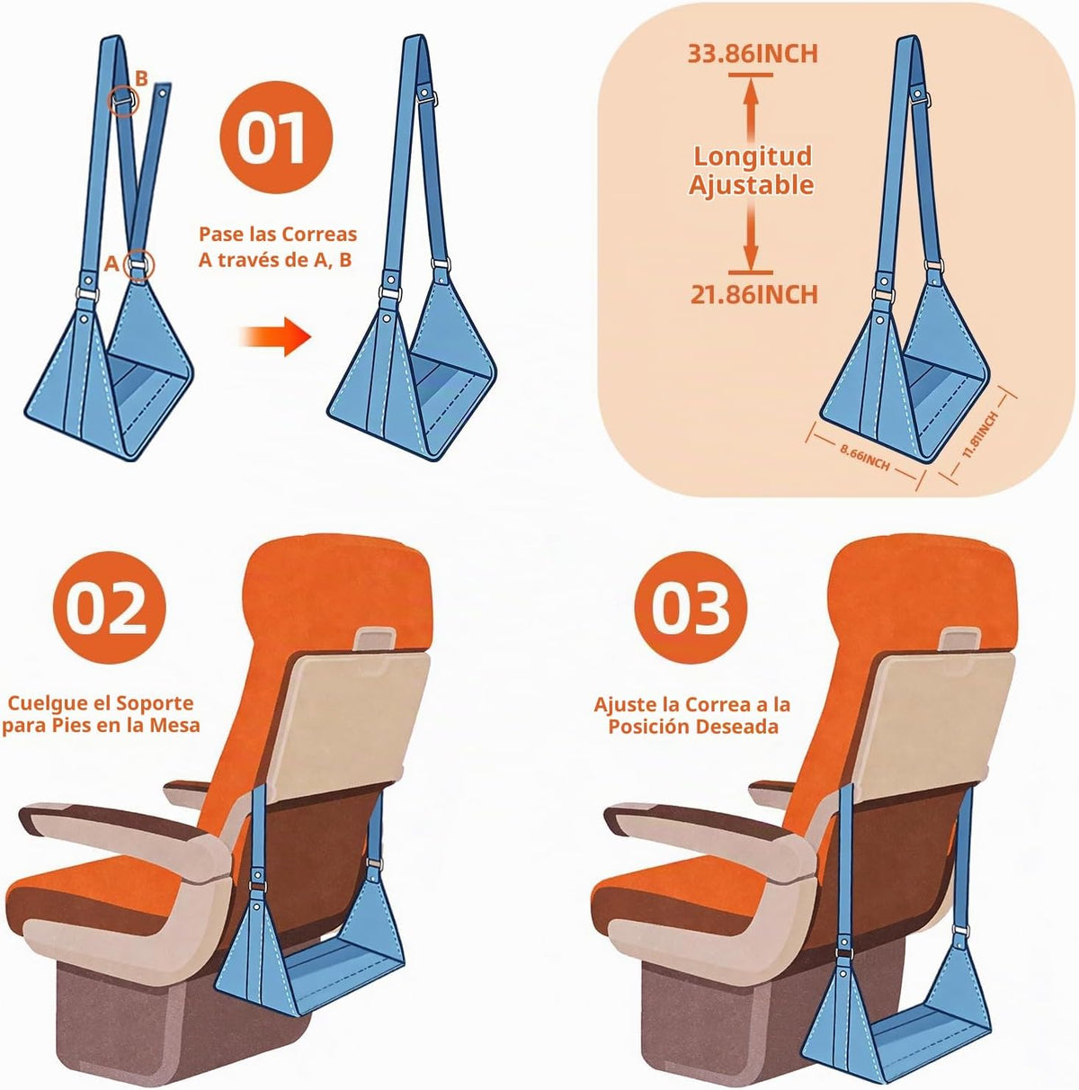 Hamaca para pies de avión, reposapiés sin colapso para viajes en av...