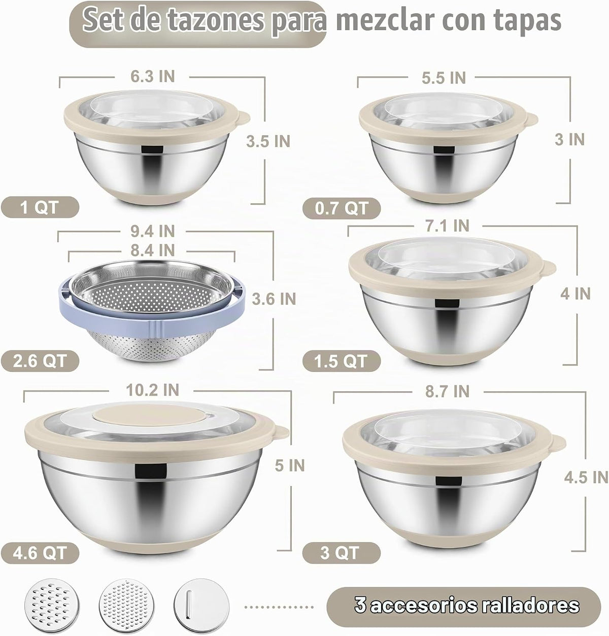 E-far - Juego de tazones para mezclar con tapas, 15 piezas de acero...