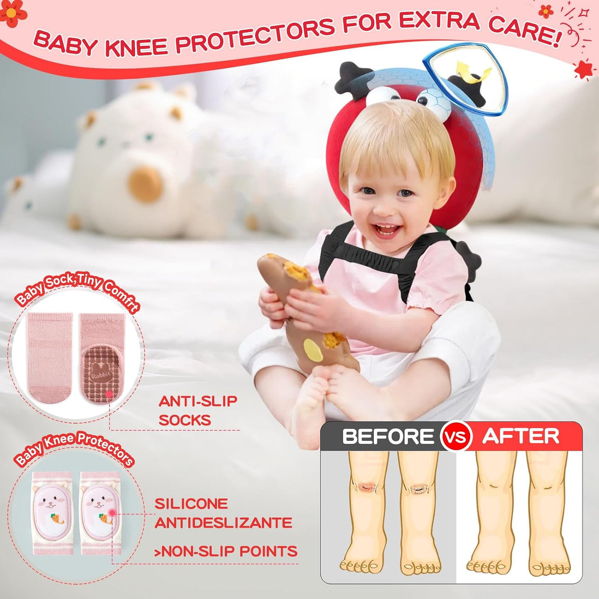 Protector de cabeza de bebé, mochila ajustable para protección de c...