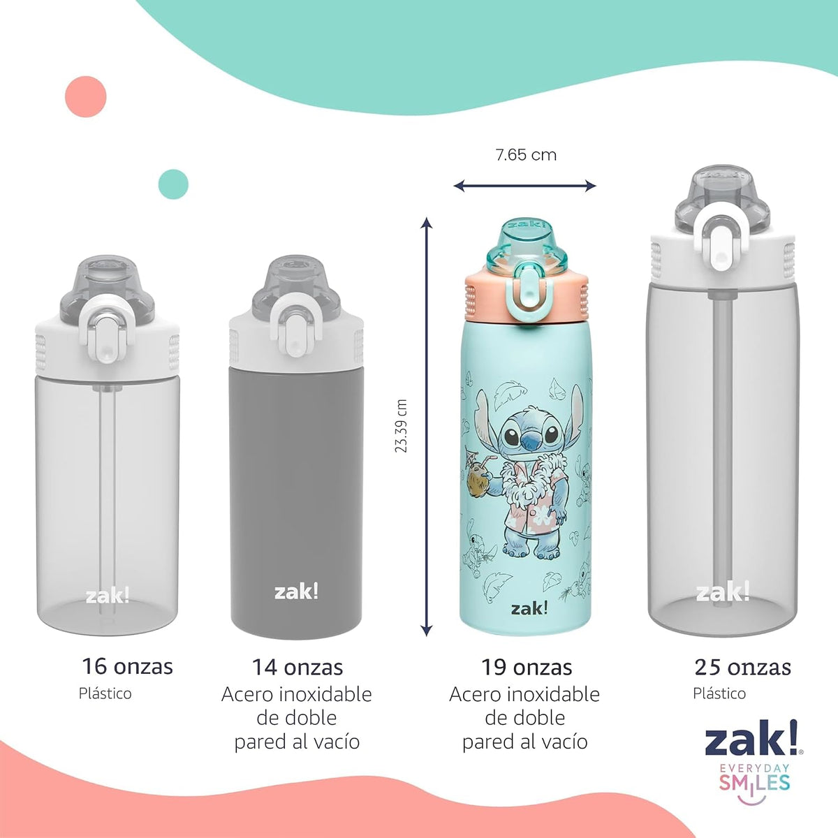 Zak Designs Disney Stitch Sage Botella de agua para niños con pajit...
