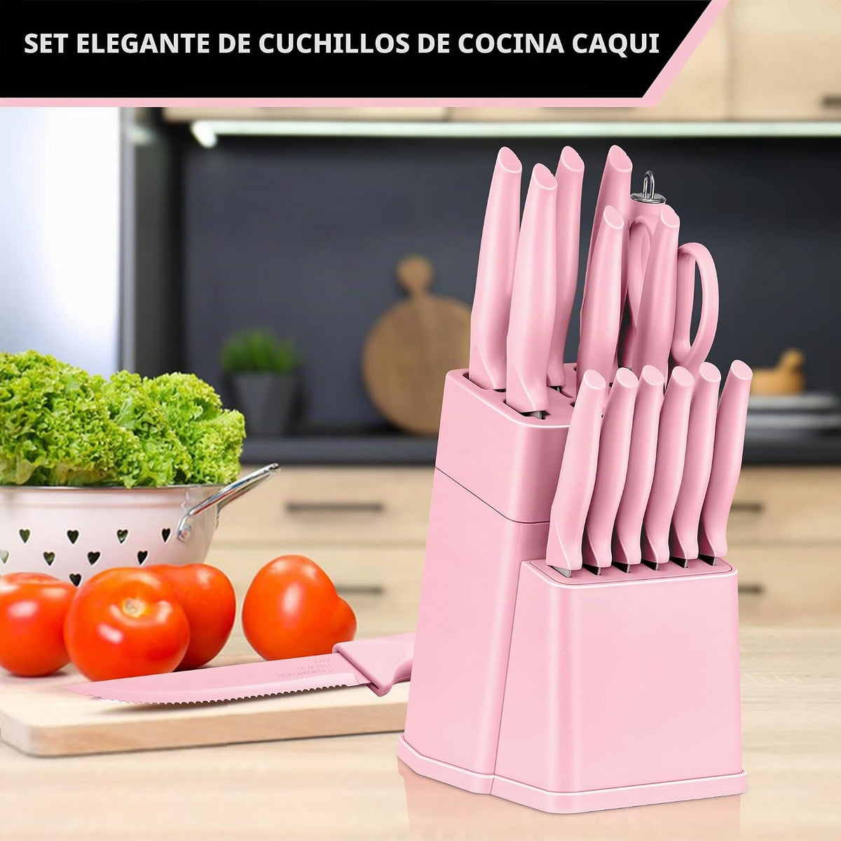 E-far Juego de cuchillos con bloque, juego de 15 piezas de bloque d...