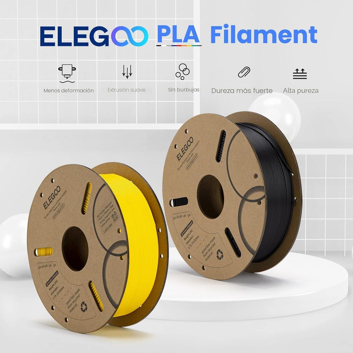 ELEGOO Filamento PLA 1.75mm Blanco 4KG, Filamento para Impresora 3D...