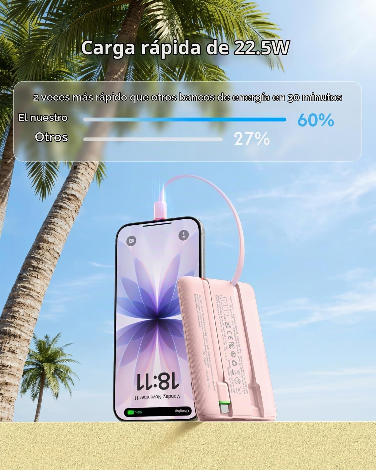 VEGER Cargador portátil de carga rápida de 10000mAh 22.5W con cable...