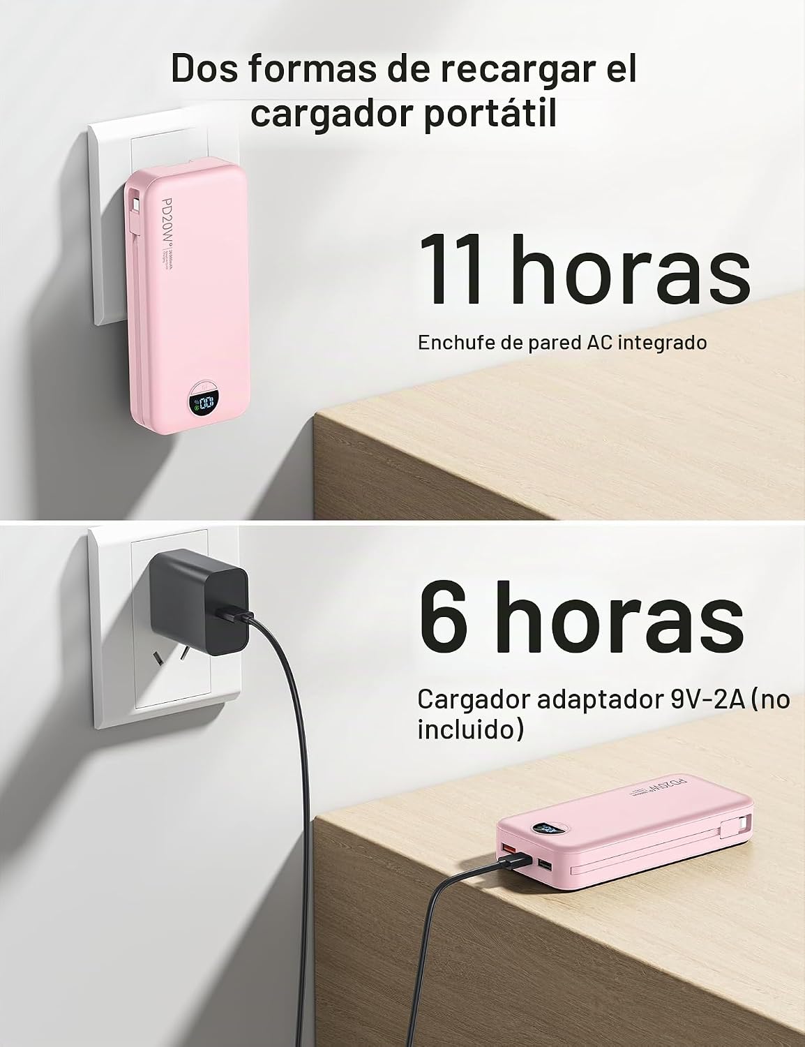 Cargador portátil Power Bank 20000mAh con cables integrados y enchu...