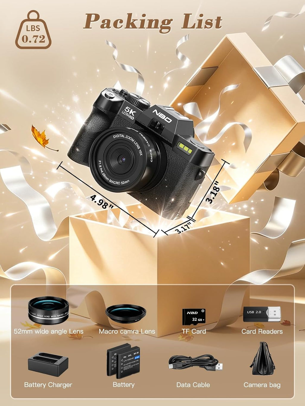 Cámara digital True 5K 64MP para fotografía (negra) | Enfoque autom...
