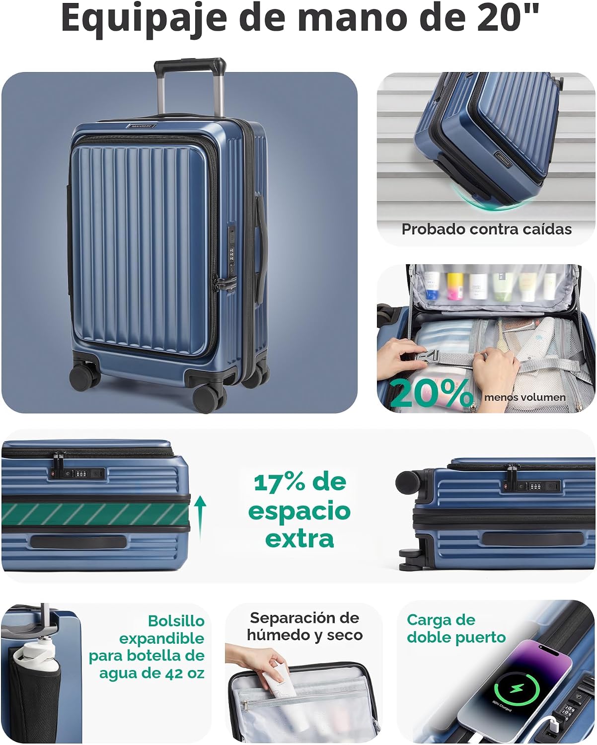 BAGSMART Equipaje de mano de apertura superior 22x14x9 aprobado por...