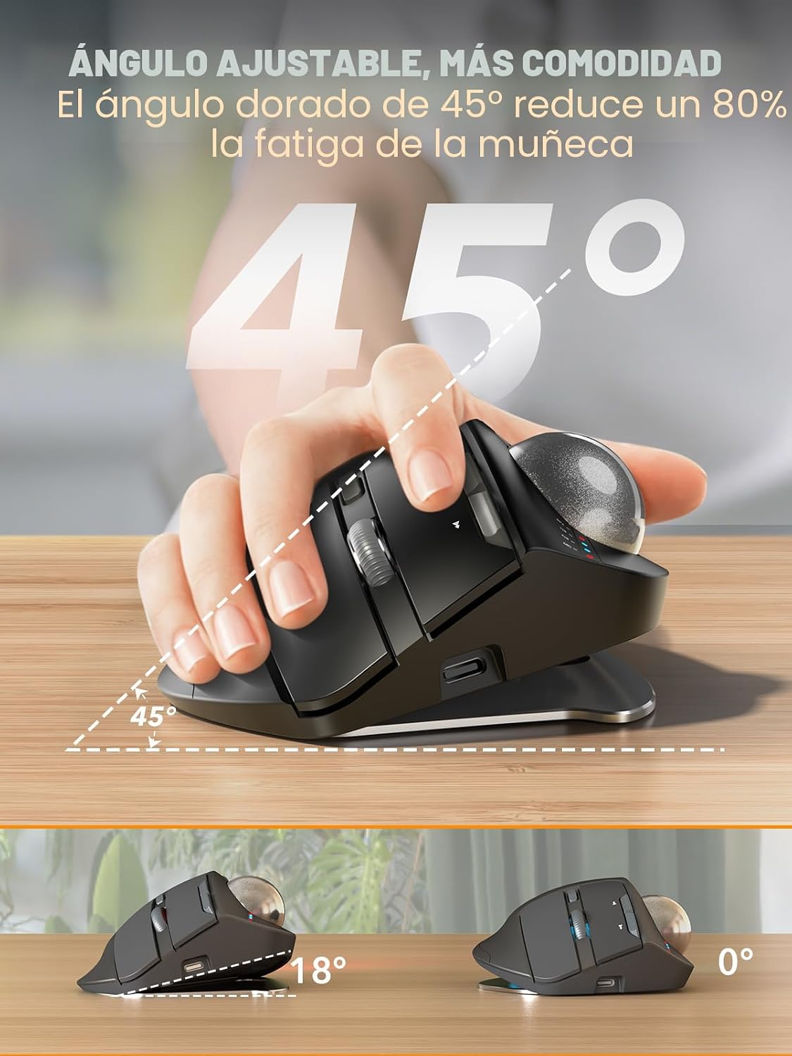 Ratón inalámbrico Trackball, ángulo ajustable recargable, con estuc...