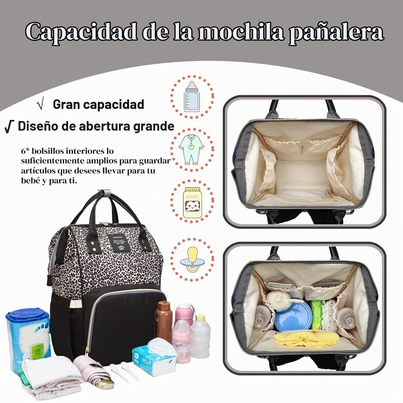 Armbq Bolsa de pañales con estampado de leopardo, mochila multifunc...