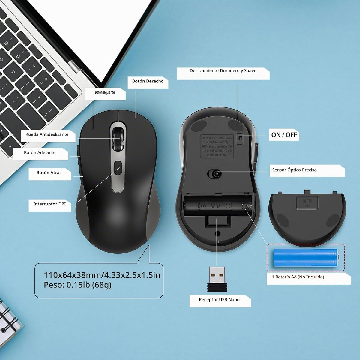Ratón inalámbrico para laptop, PC, Chromebook, computadora de escri...