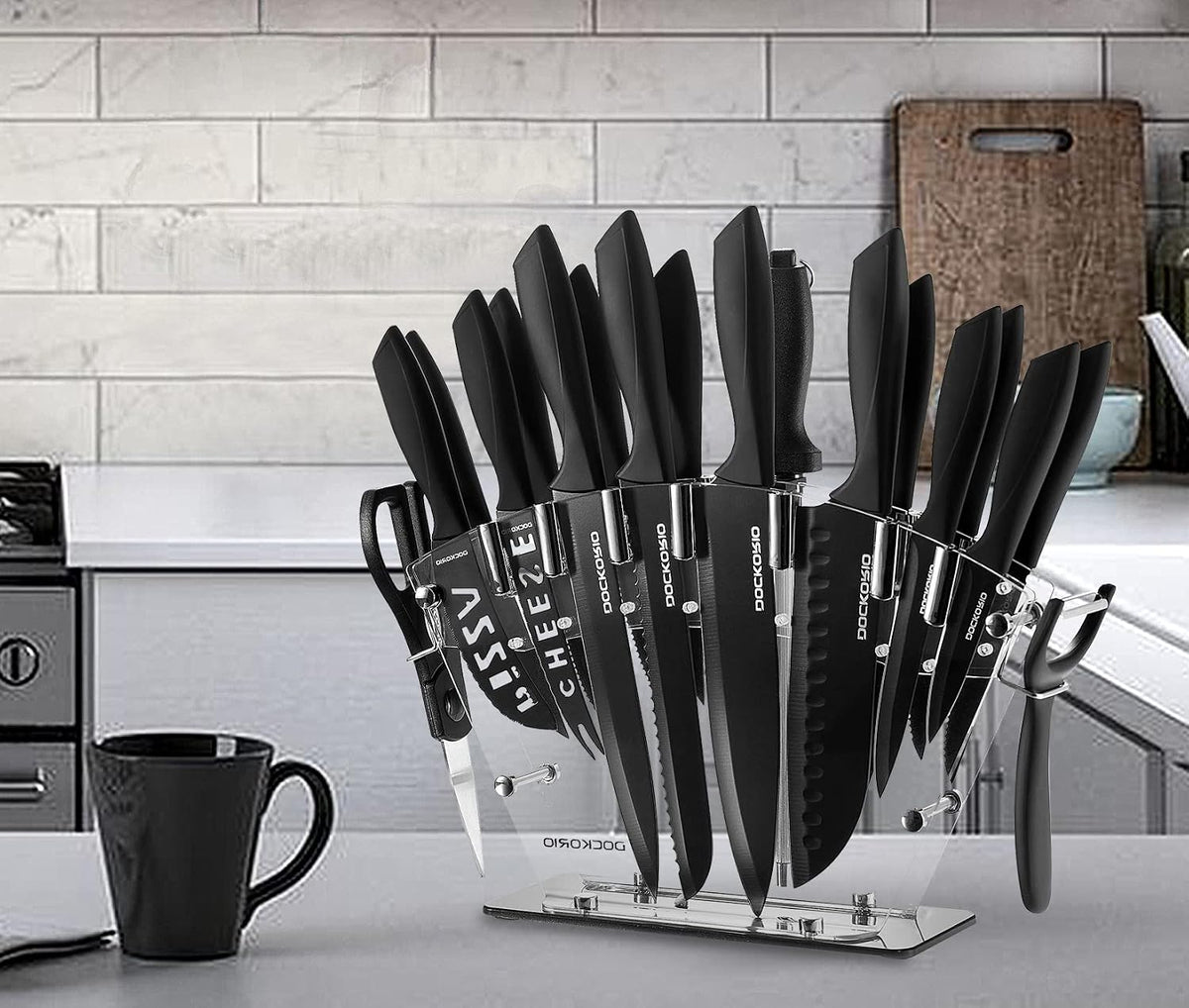 Dockorio Juego de cuchillos de cocina con bloque, 19 piezas de acer...
