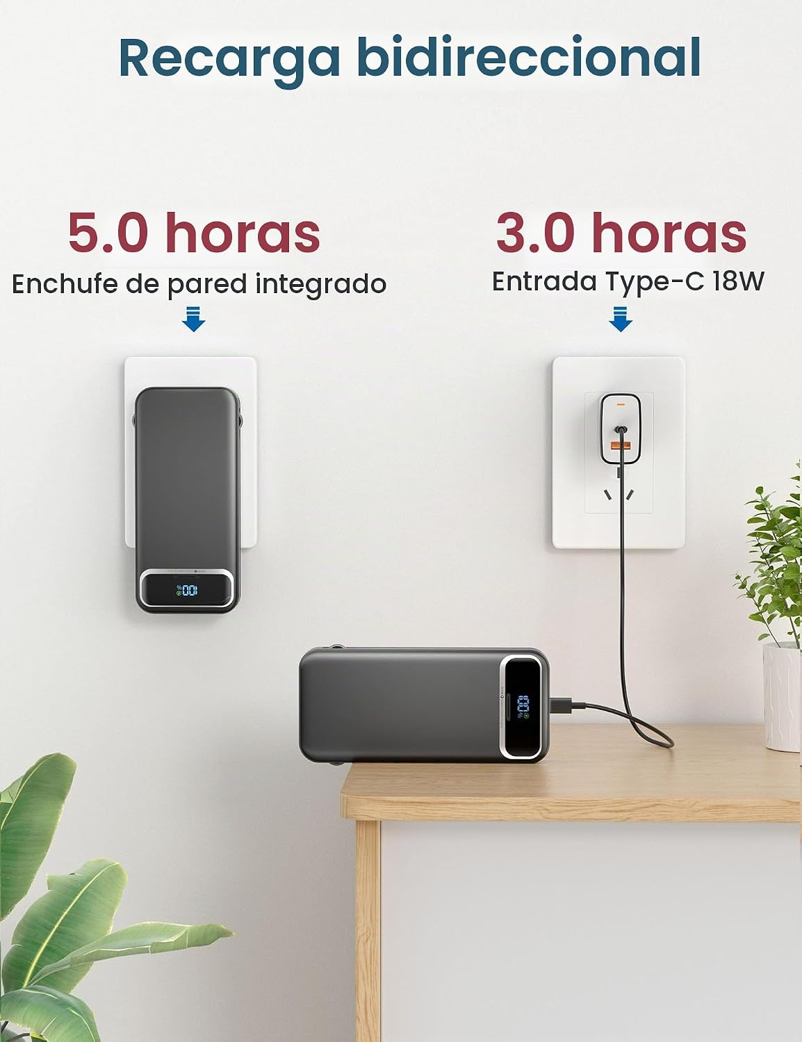 aonidi - Cargador portátil de 12000 mAh con cables integrados y enc...