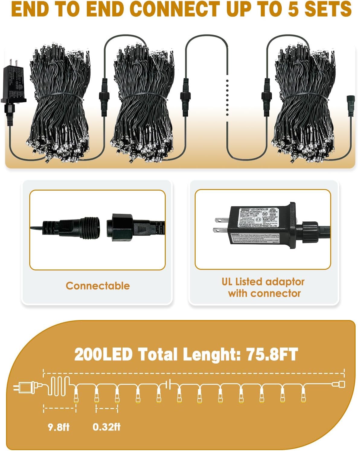 200 luces LED extensibles de Mardi Gras, verdes, amarillas y morada...