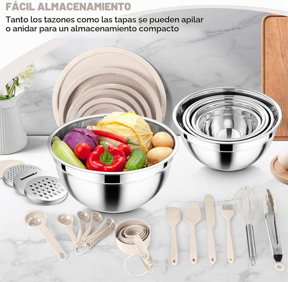 E-far Juego de 25 cuencos para mezclar con tapa, cuencos de acero i...