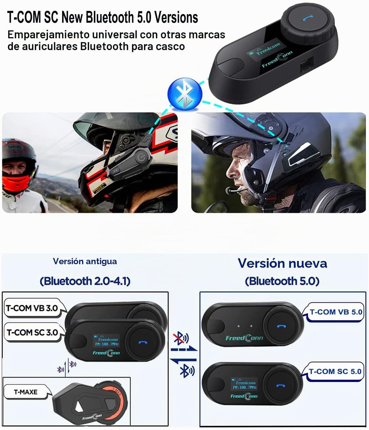 FreedConn Auriculares Bluetooth para motocicleta, interfono de 2 ví...