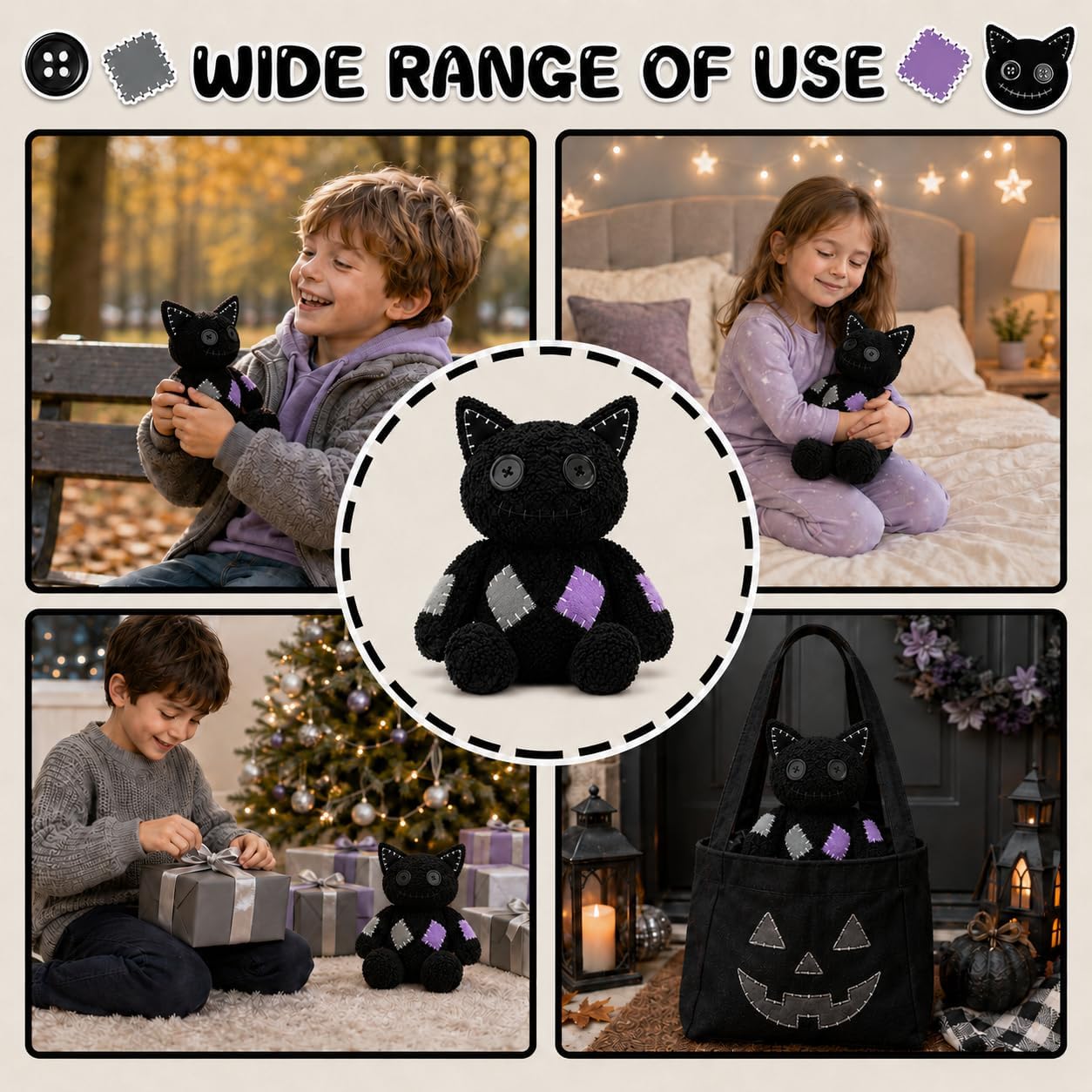 PHHKK Peluche de gato negro cosido gótico de Halloween, decoración...
