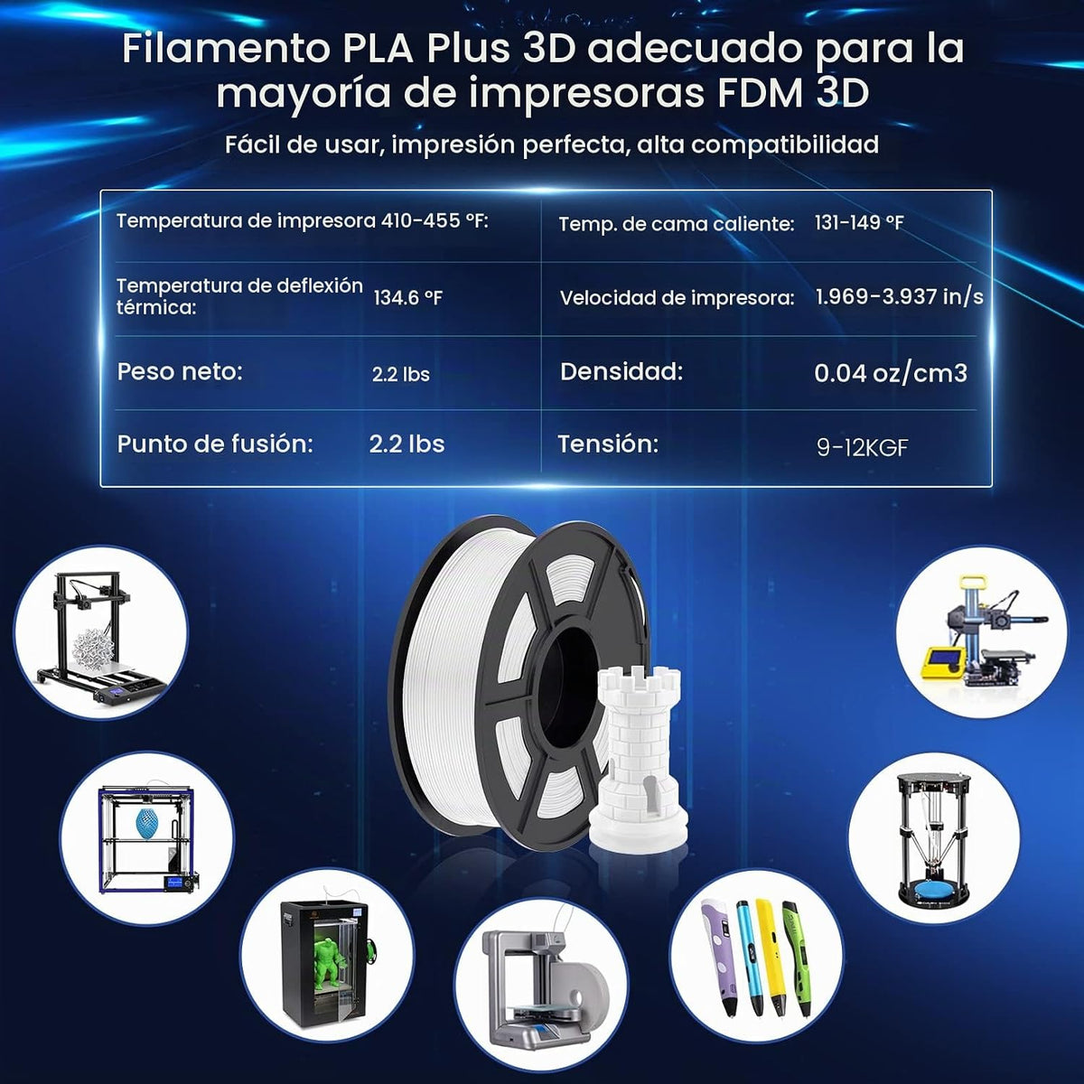 SUNLU Filamento PLA Plus para impresora 3D de 0.07 in, 4.4 lbs, bla...