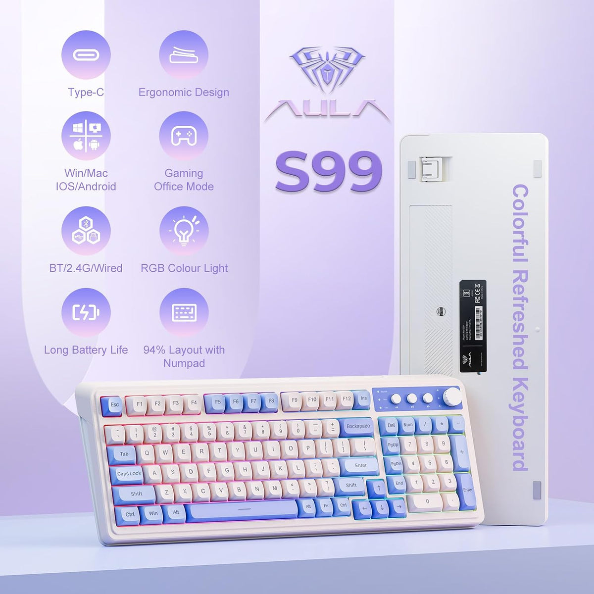 AULA Teclado inalámbrico S99, triple modo Bluetooth\/2.4GHz\/USB-C,...