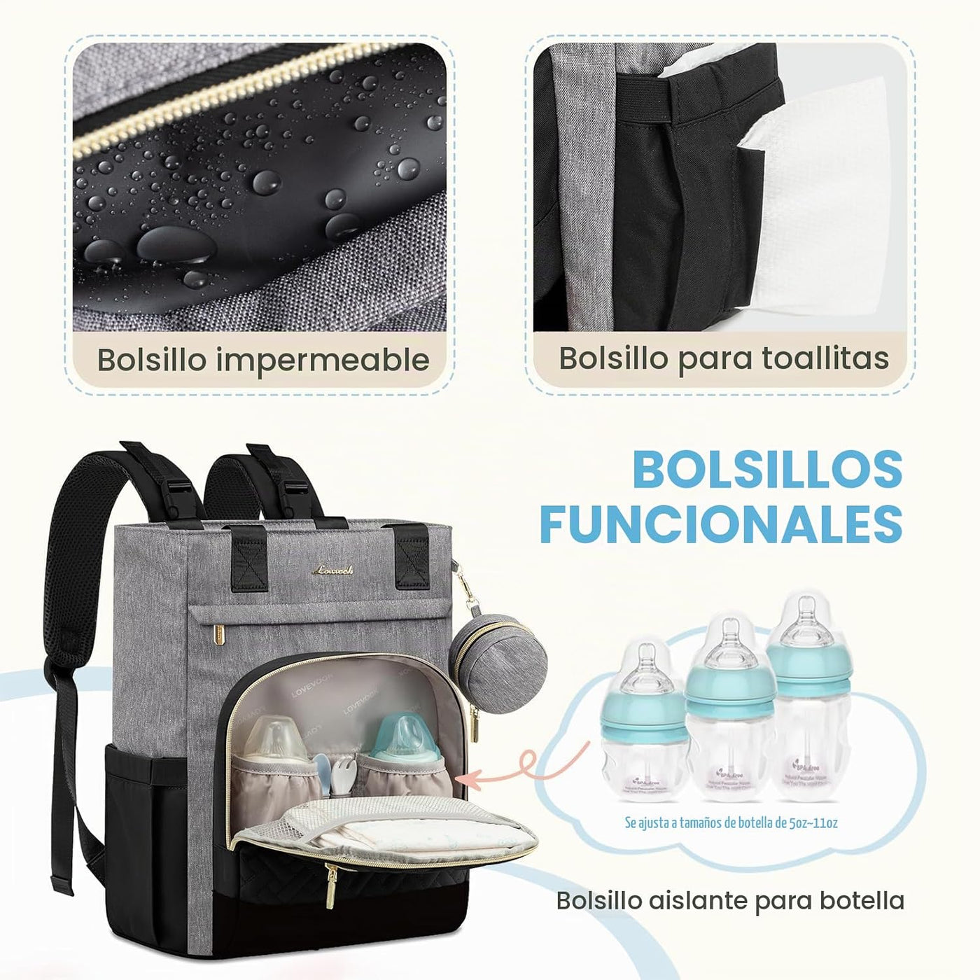 LOVEVOOK Mochila de Pañales, Bolsa de Bebé Portátil de Gran Capacid...