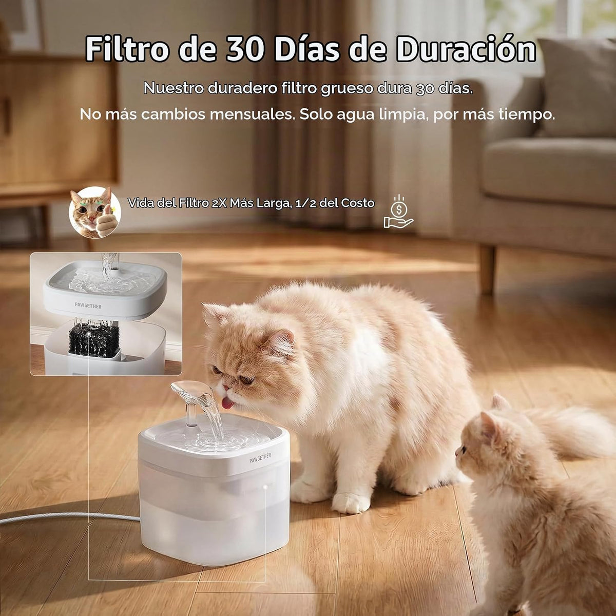 PAWGETHER® Fuente de agua para gatos con bomba inalámbrica de 51 oz...