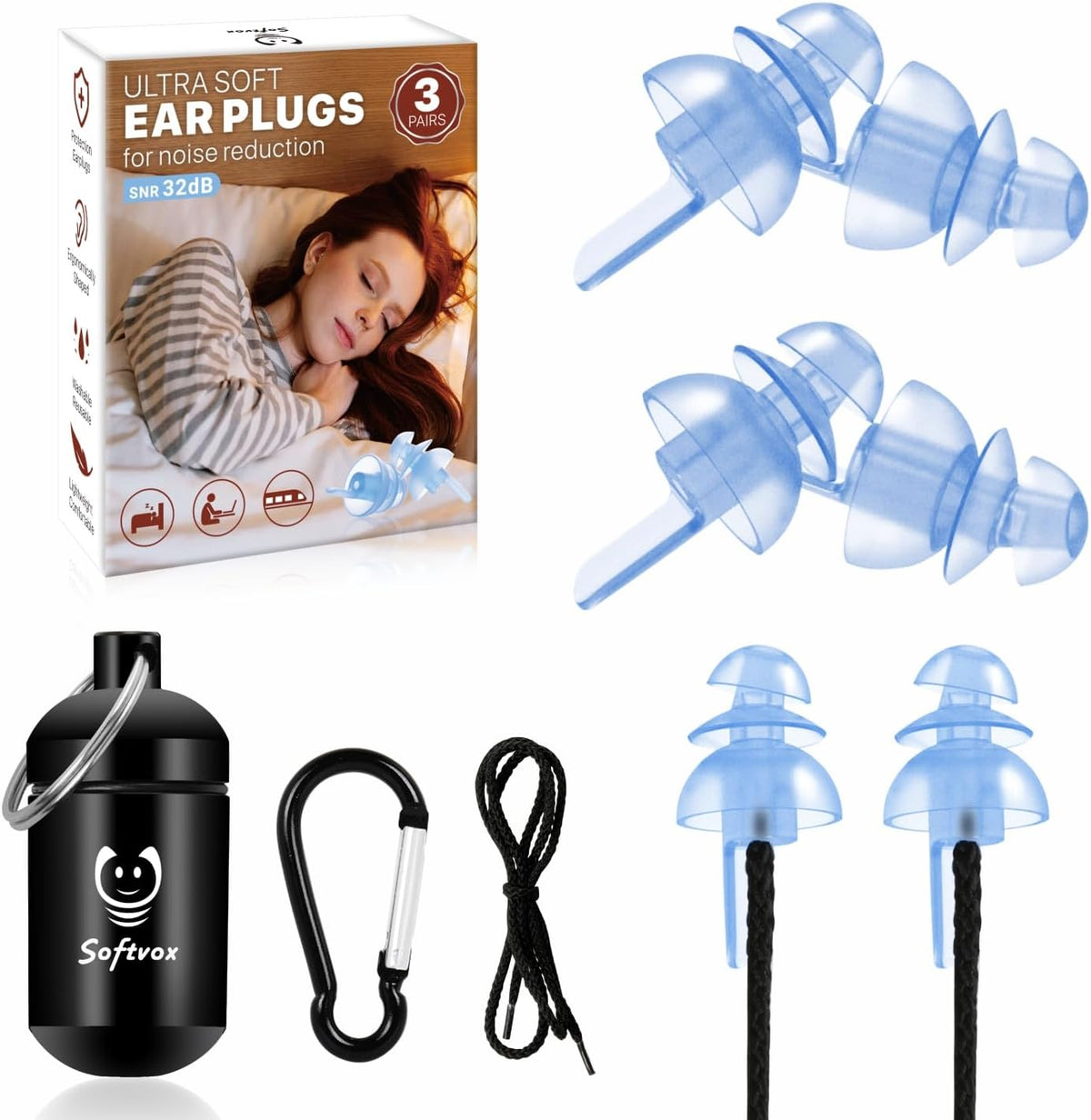Softvox Tapones para los oídos para dormir, 3 pares, tapones para l...