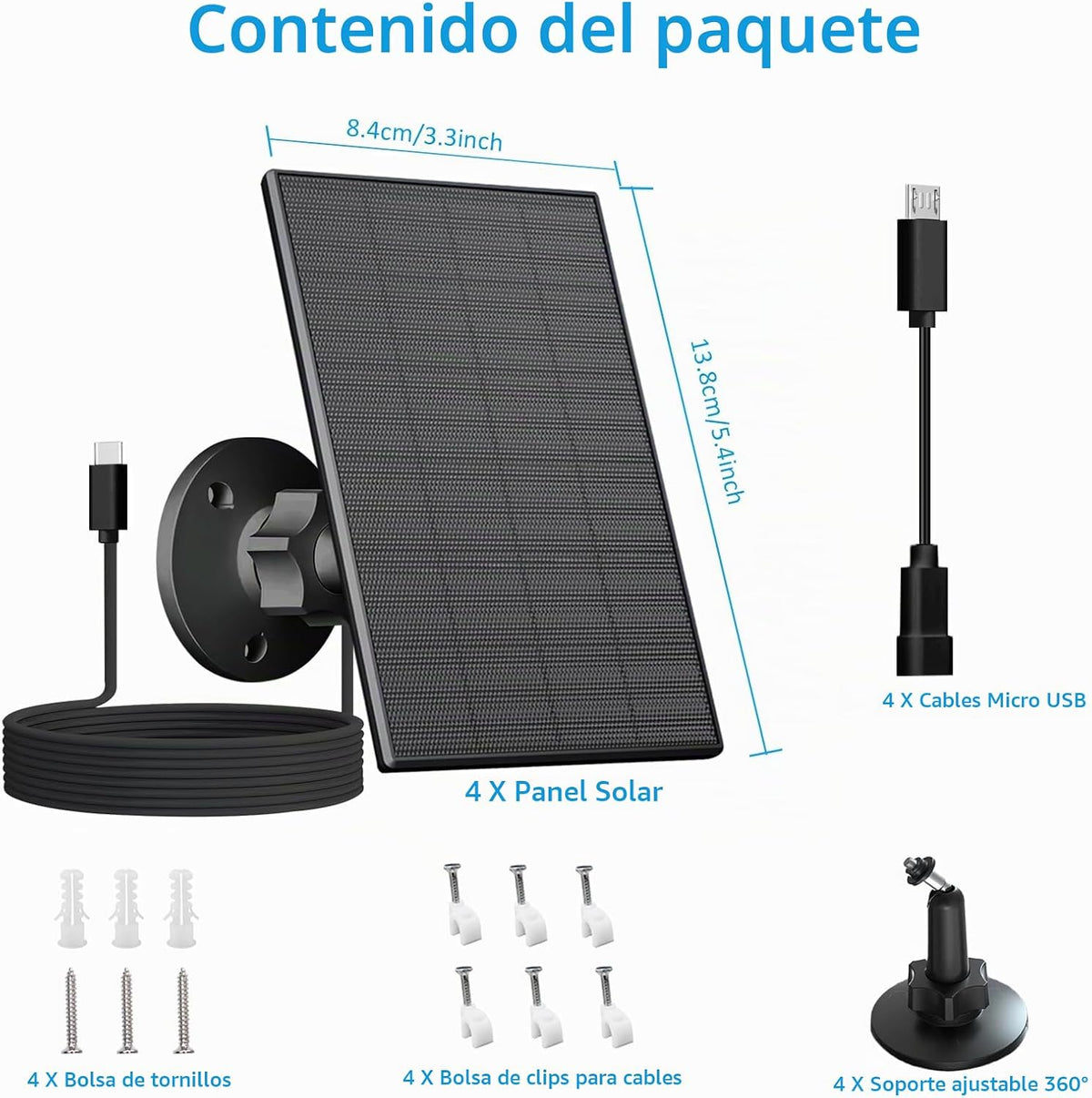VUEBEE Panel solar de 2 W para cámaras de seguridad, USB-C\/Micro U...