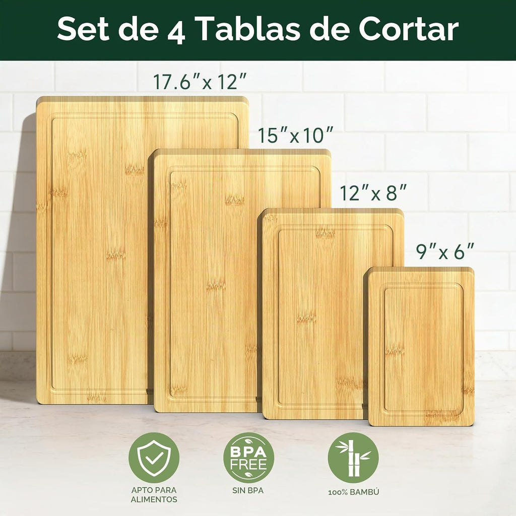 Zeawec Juego de 4 tablas de cortar de bambú para cocina, tablas de...