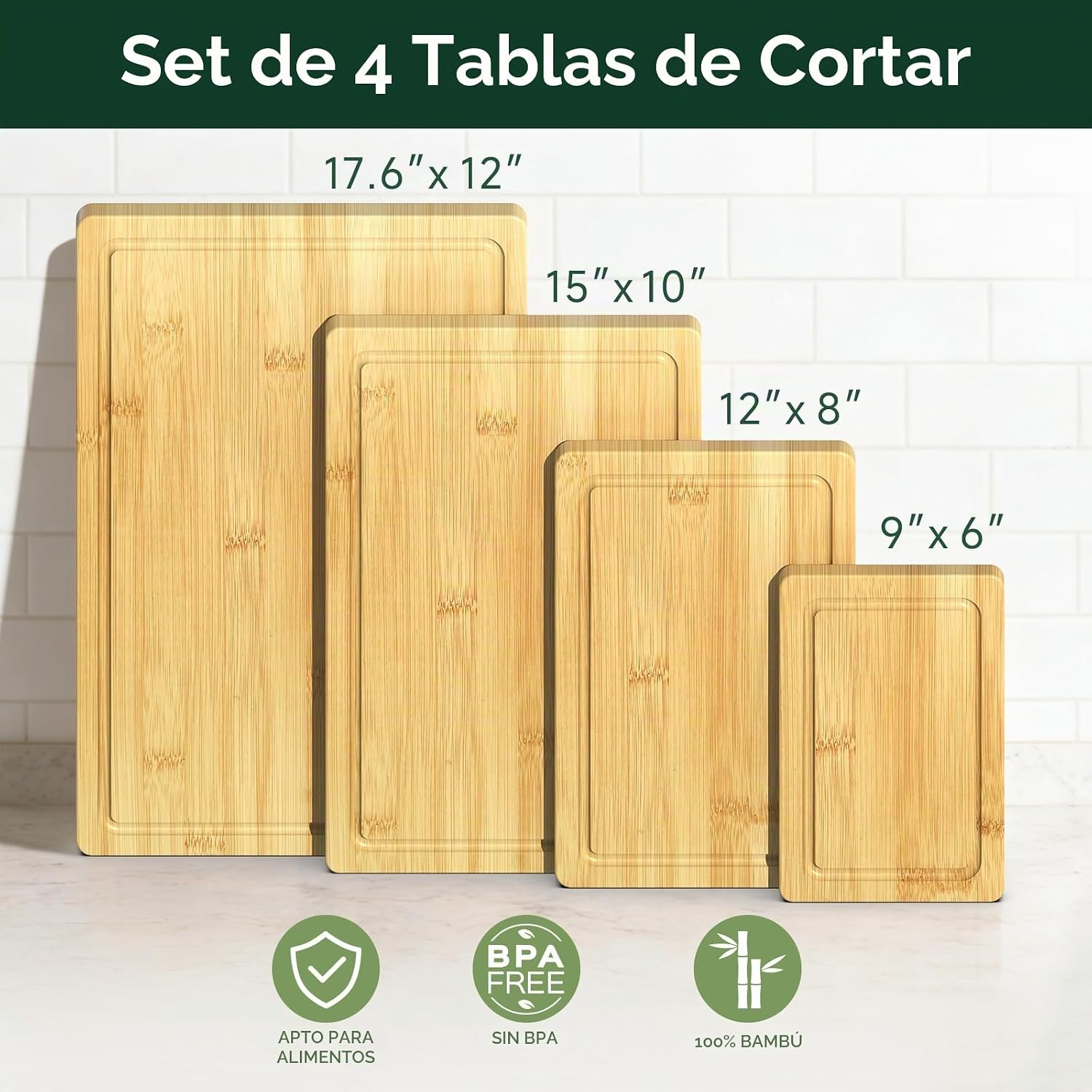 Zeawec Juego de 4 tablas de cortar de bambú para cocina, tablas de...