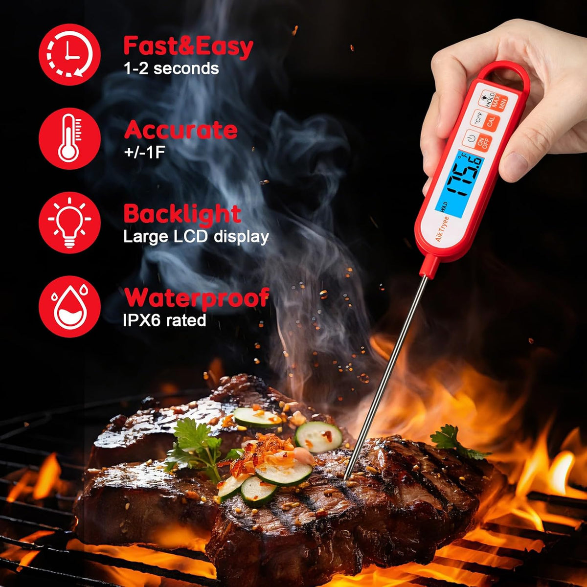 AikTryee Termómetro digital de lectura instantánea para carne, coci...