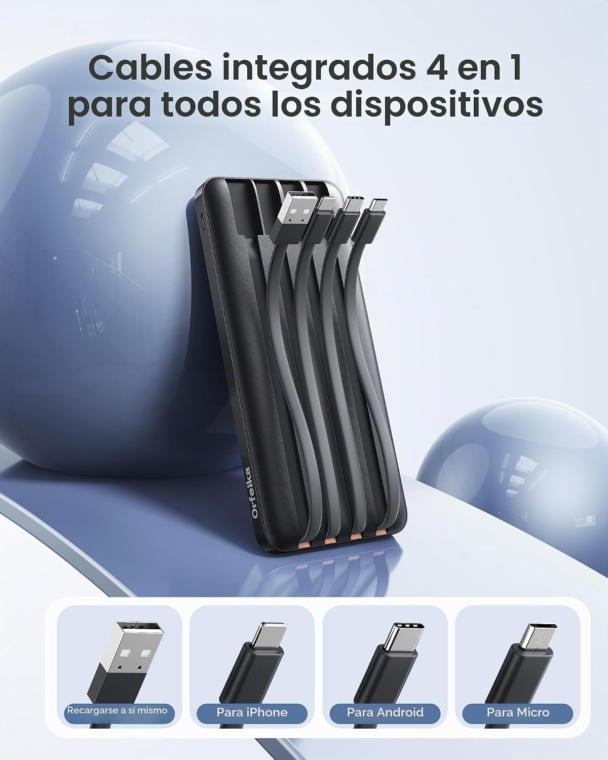 Orfeika 20000mAh Power Bank, cargador portátil con 4 cables incorpo...