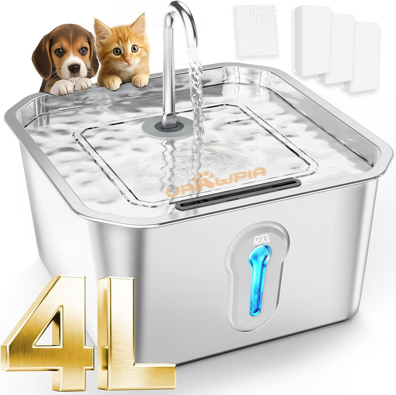 UPAWPIA Fuente de agua grande de acero inoxidable para gatos de 4 l...