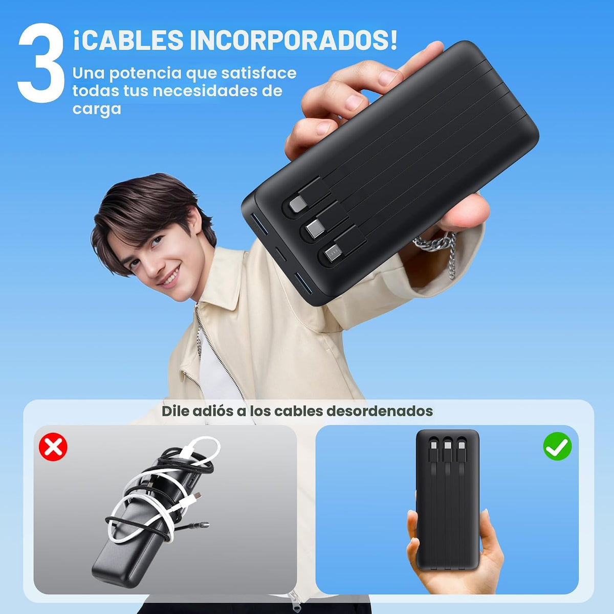 Cargador portátil de 50800 mAh con 3 cables integrados, 25 W PD QC4...