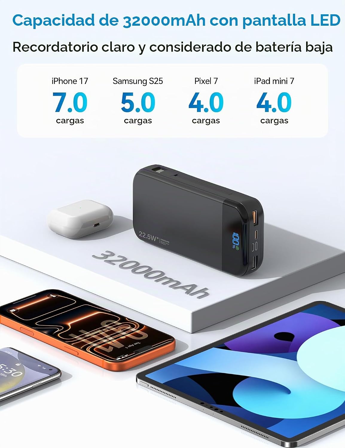 Banco de baterías para teléfono 32000 mAh 22,5 W con cables integra...